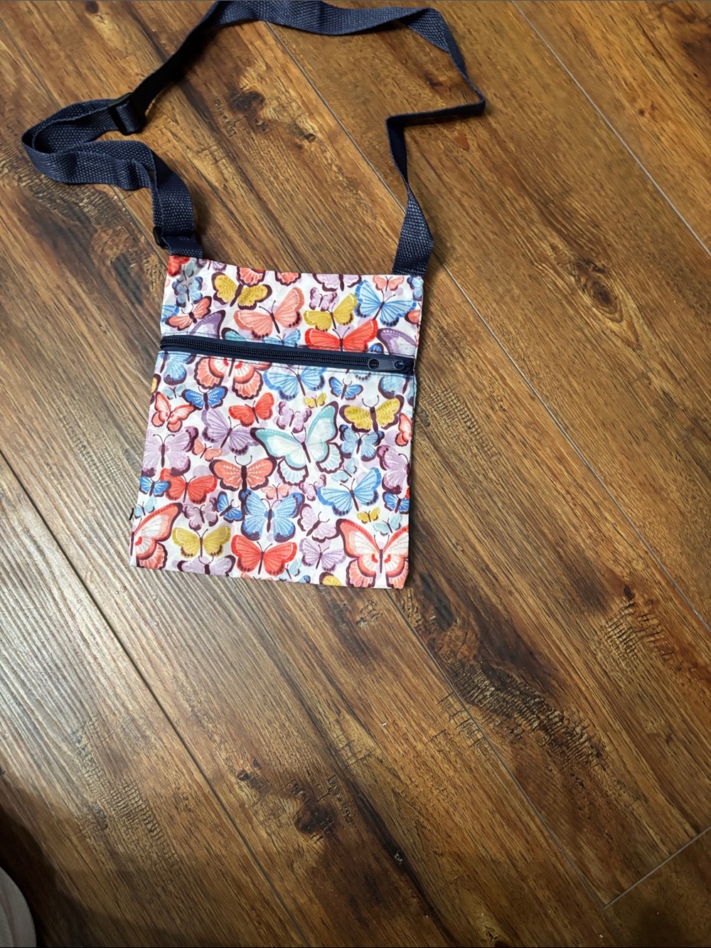 Source Unknown Multicolor Butterfly Crossbody Bag with Navy Strap